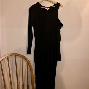 LNA cold shoulder asymmetrical body con midi dress